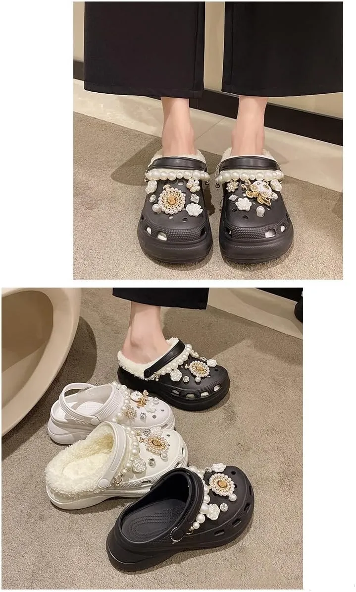 Solid Color Thermal Lined Clogs, Slip On Soft Sole Platform Non-Slip Fuzzy Shoes, Winter Plush Closed Toe Shoes