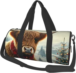Sports Duffel Bag Christmas-Highland-Cow Foldable Travel Tote Bag Weekender Sleepover Carry On Bag