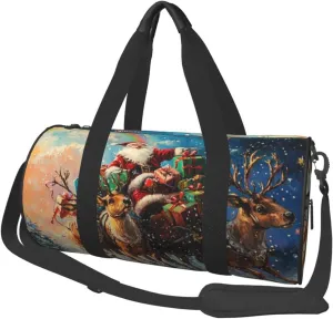 Sports Duffel Bag Christmas-Reindeer-Santa Foldable Travel Tote Bag Weekender Sleepover Carry On Bag