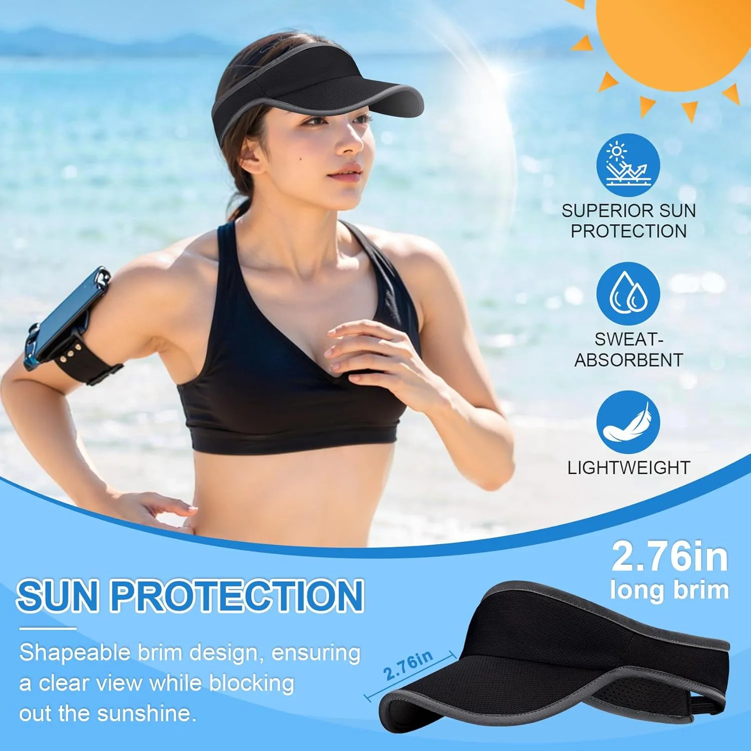 Sports Sun Visor for Men Women, Lightweight Soft Quick-Dry Visor Hat, Packable Tennis Golf Running Visor