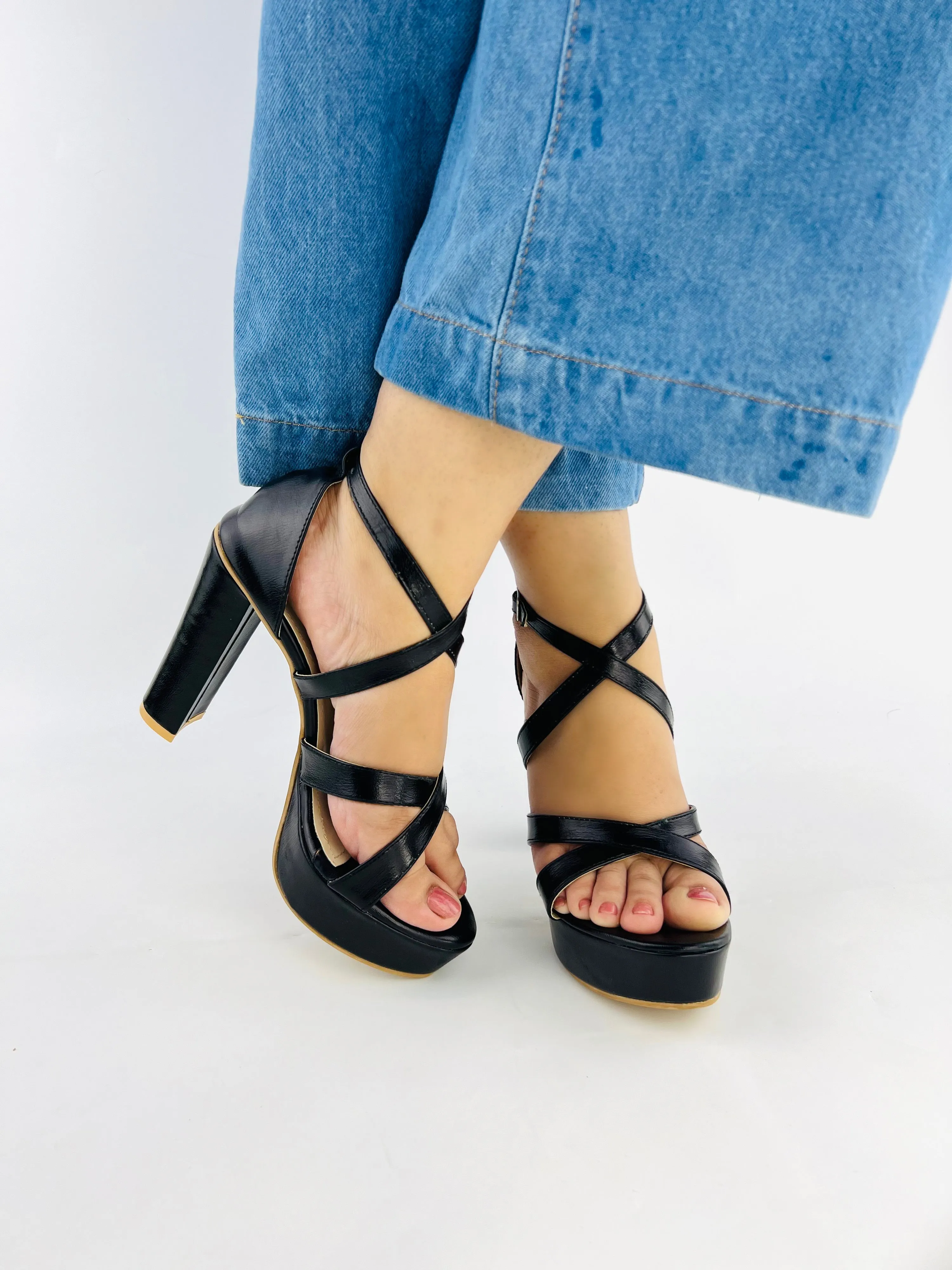 Spunkz Metallic Black Platform Heeled Sandals-11057