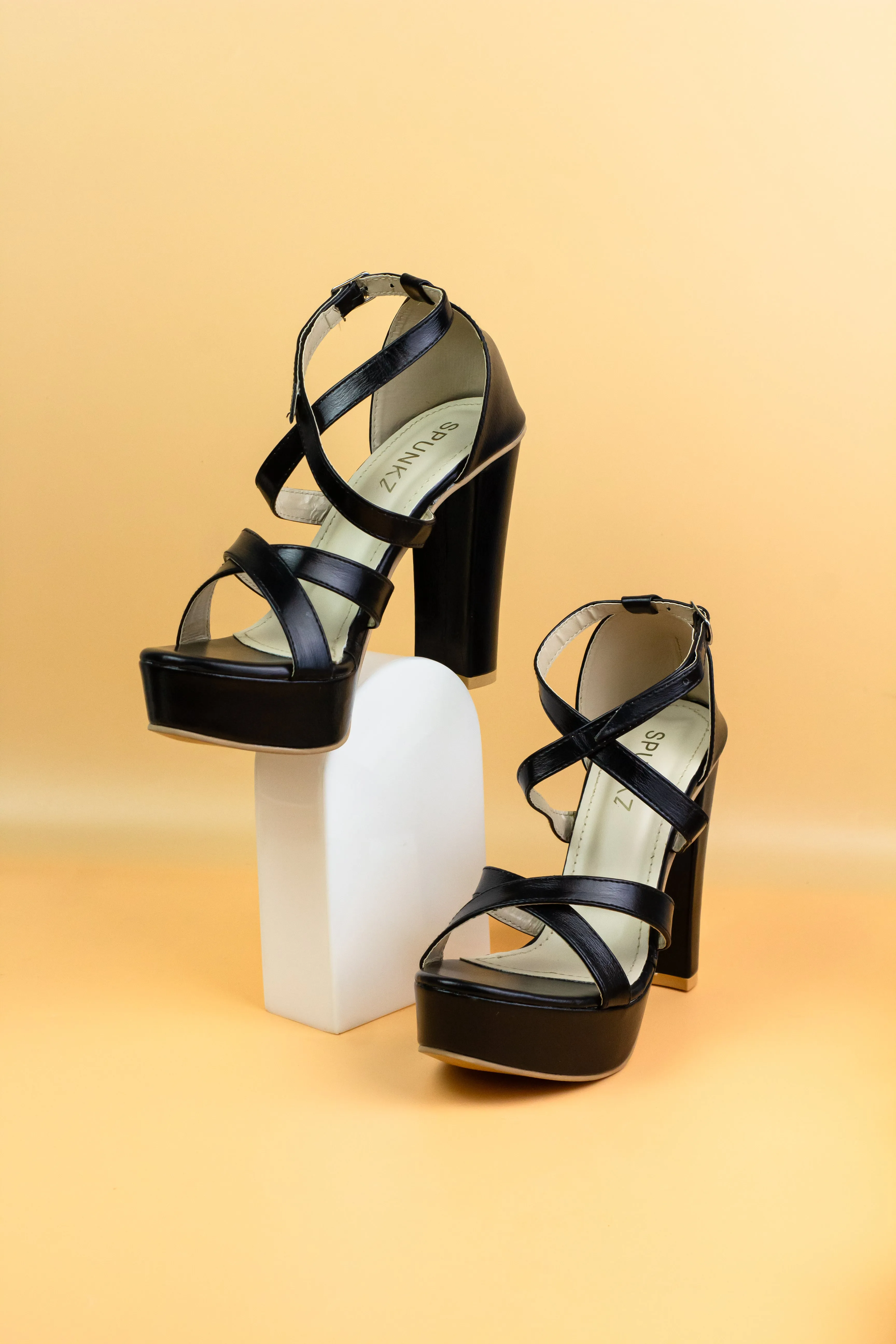 Spunkz Metallic Black Platform Heeled Sandals-11057