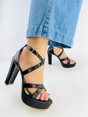 Spunkz Metallic Black Platform Heeled Sandals-11057