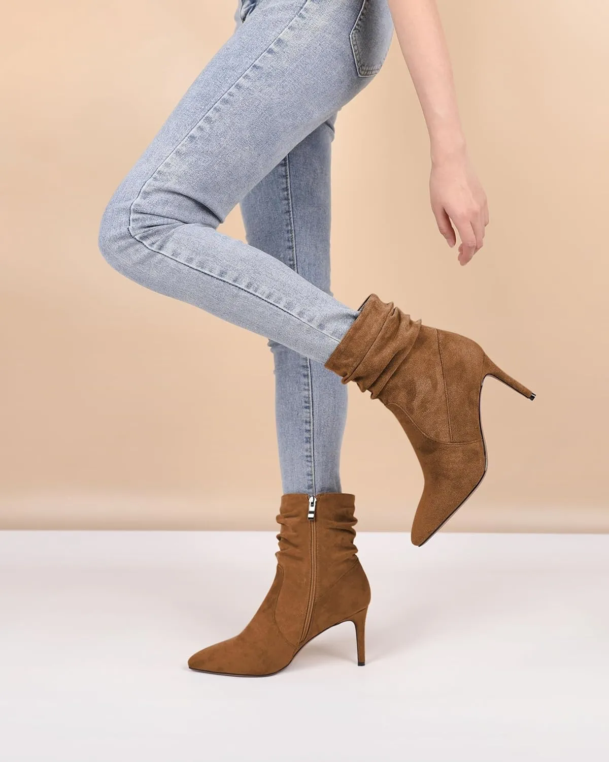 Stiletto High Heel Boots for Women Slouchy Boots Pointed Toe Boots for Work Formal 3.4 Inch Stylish Trendy Ankle Boots