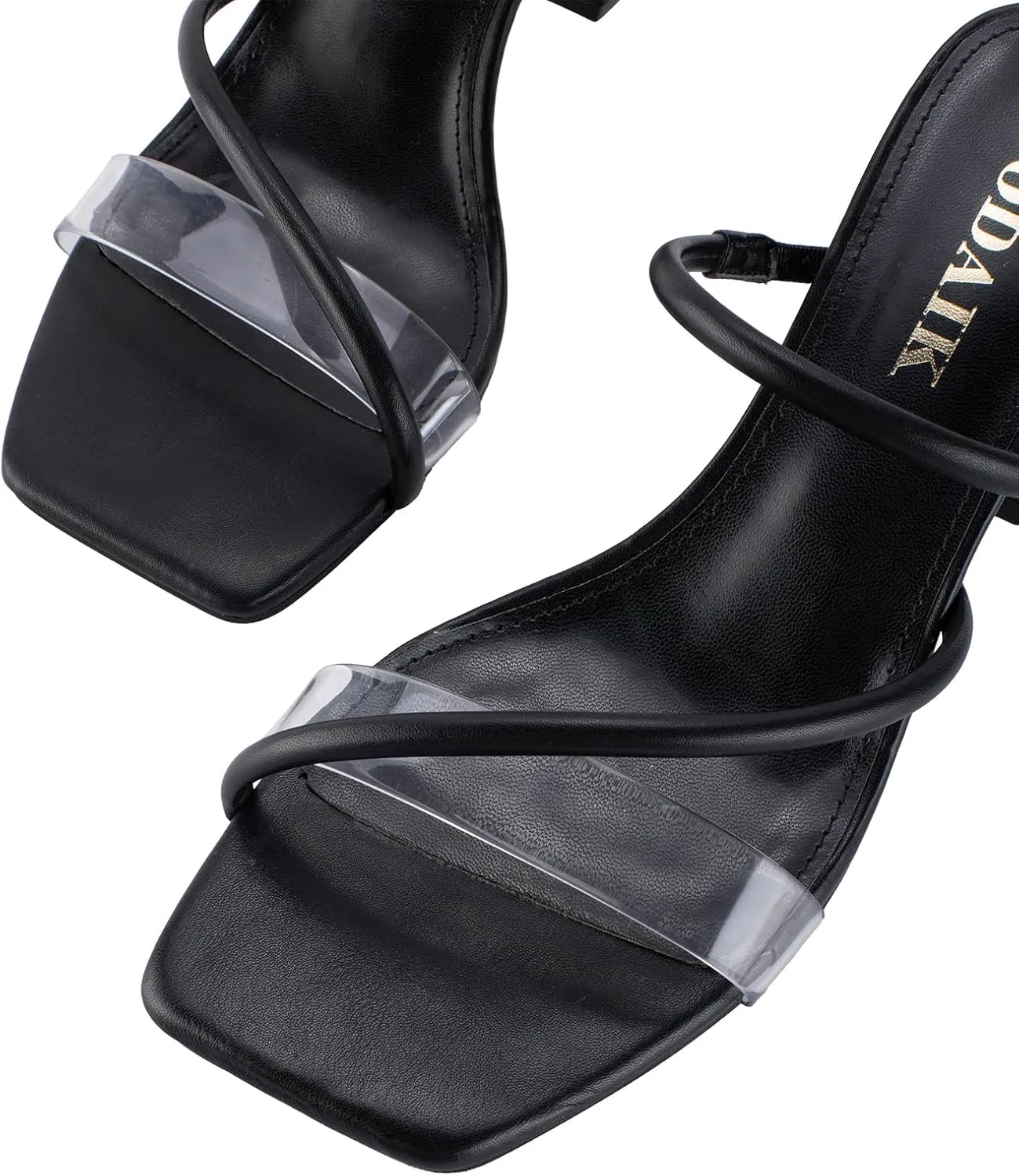 Strappy Heels for Women Mule Heeled Slip on Sandals Clear Straps Chunky Block Slides Open Square Toe Transparent Slippers