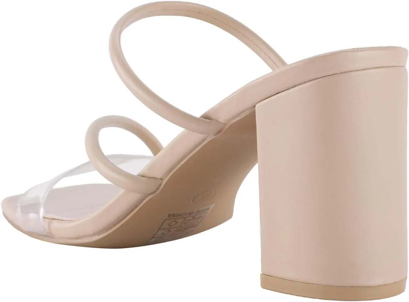 Strappy Heels for Women Mule Heeled Slip on Sandals Clear Straps Chunky Block Slides Open Square Toe Transparent Slippers