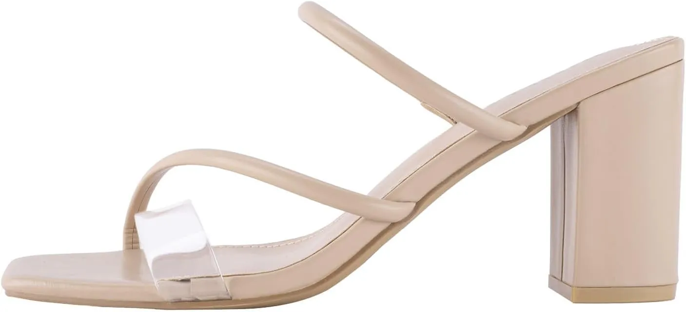 Strappy Heels for Women Mule Heeled Slip on Sandals Clear Straps Chunky Block Slides Open Square Toe Transparent Slippers