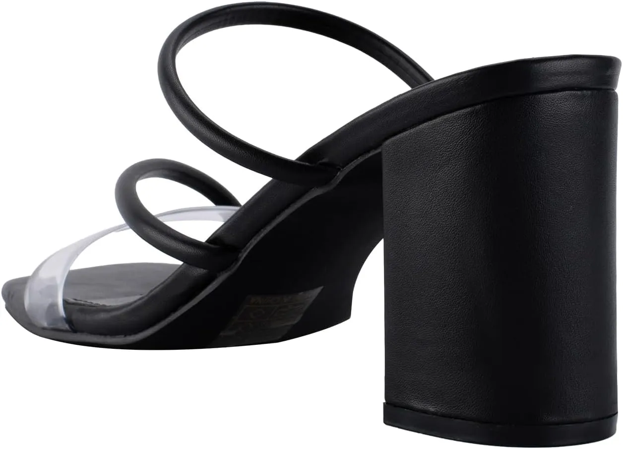 Strappy Heels for Women Mule Heeled Slip on Sandals Clear Straps Chunky Block Slides Open Square Toe Transparent Slippers