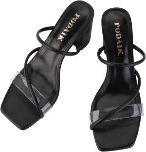 Strappy Heels for Women Mule Heeled Slip on Sandals Clear Straps Chunky Block Slides Open Square Toe Transparent Slippers
