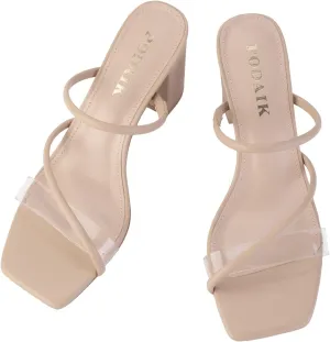 Strappy Heels for Women Mule Heeled Slip on Sandals Clear Straps Chunky Block Slides Open Square Toe Transparent Slippers
