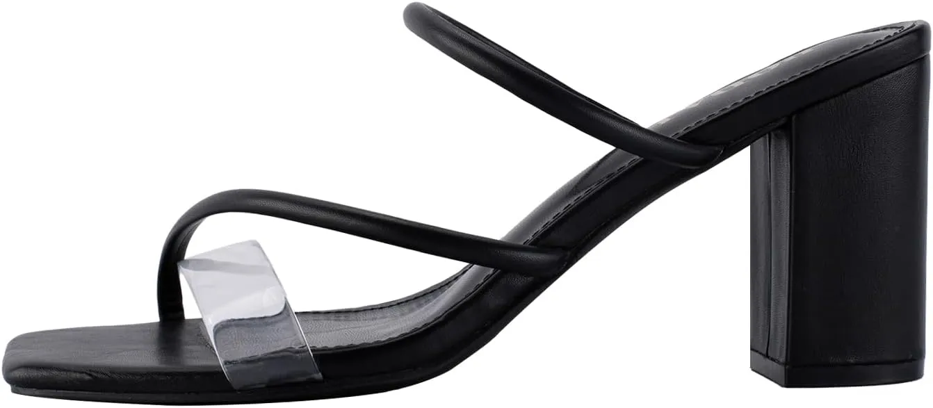 Strappy Heels for Women Mule Heeled Slip on Sandals Clear Straps Chunky Block Slides Open Square Toe Transparent Slippers