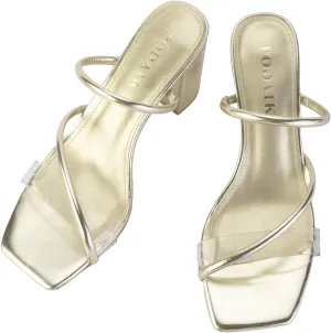 Strappy Heels for Women Mule Heeled Slip on Sandals Clear Straps Chunky Block Slides Open Square Toe Transparent Slippers