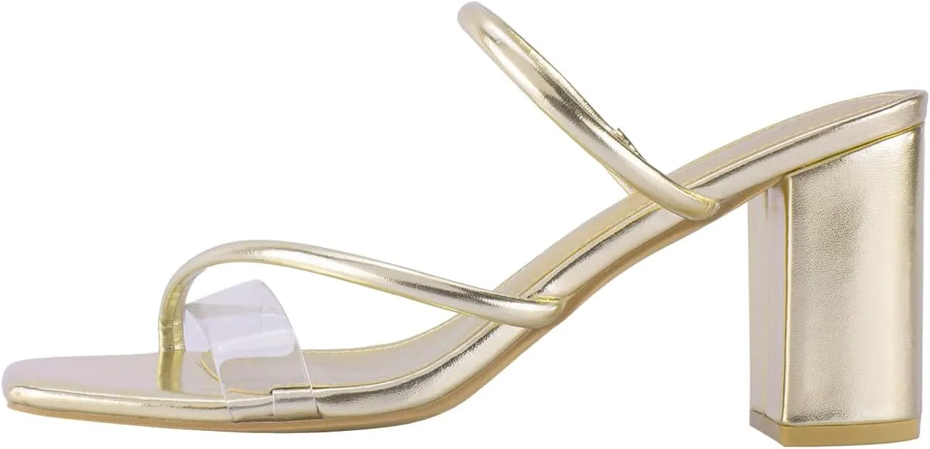 Strappy Heels for Women Mule Heeled Slip on Sandals Clear Straps Chunky Block Slides Open Square Toe Transparent Slippers
