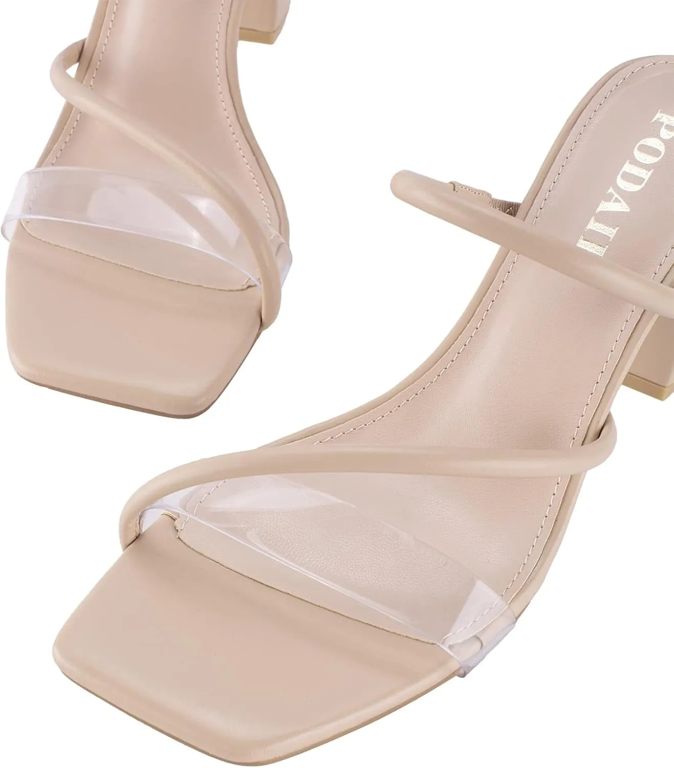 Strappy Heels for Women Mule Heeled Slip on Sandals Clear Straps Chunky Block Slides Open Square Toe Transparent Slippers