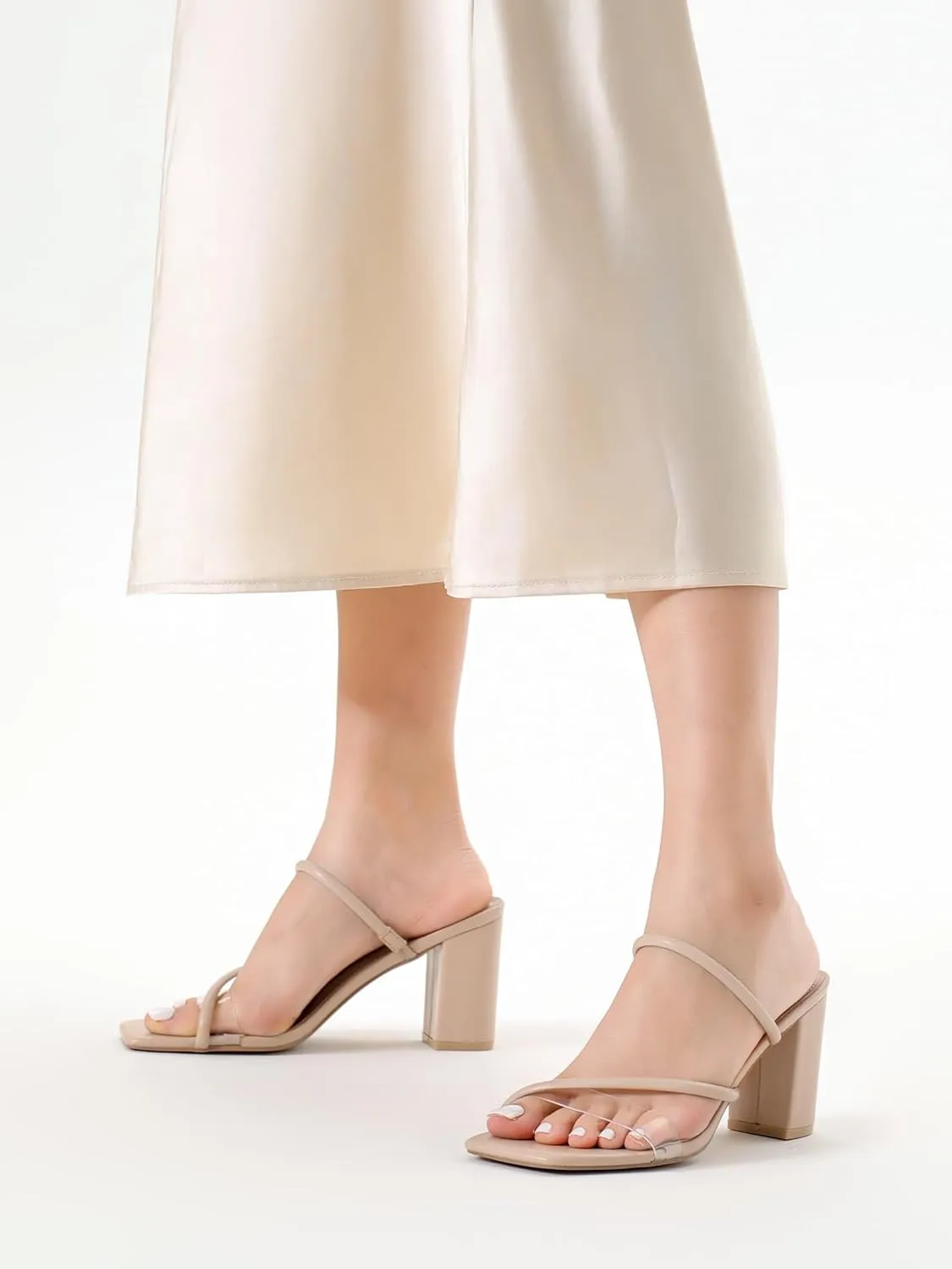 Strappy Heels for Women Mule Heeled Slip on Sandals Clear Straps Chunky Block Slides Open Square Toe Transparent Slippers