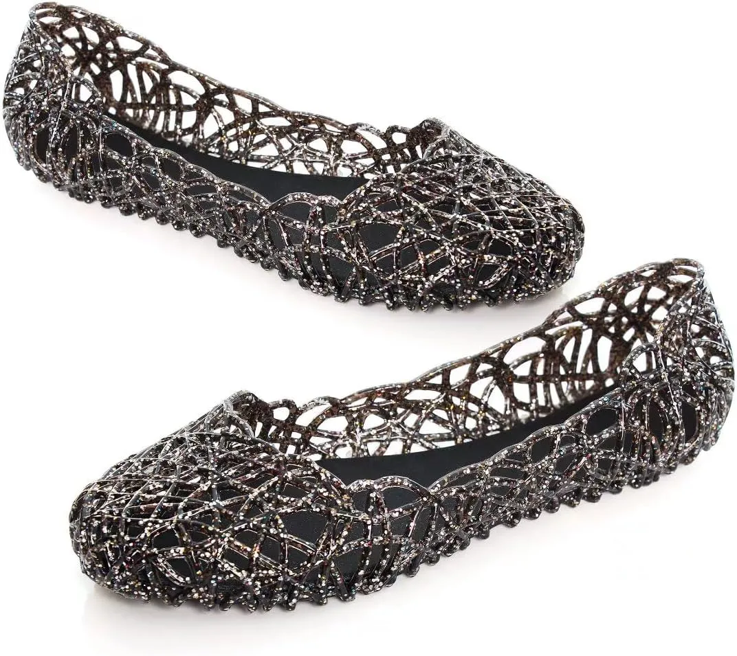 Stunner Women's Beach Jelly Shoes Slip On Crystal Summer Soft Hollow Ballet Flats