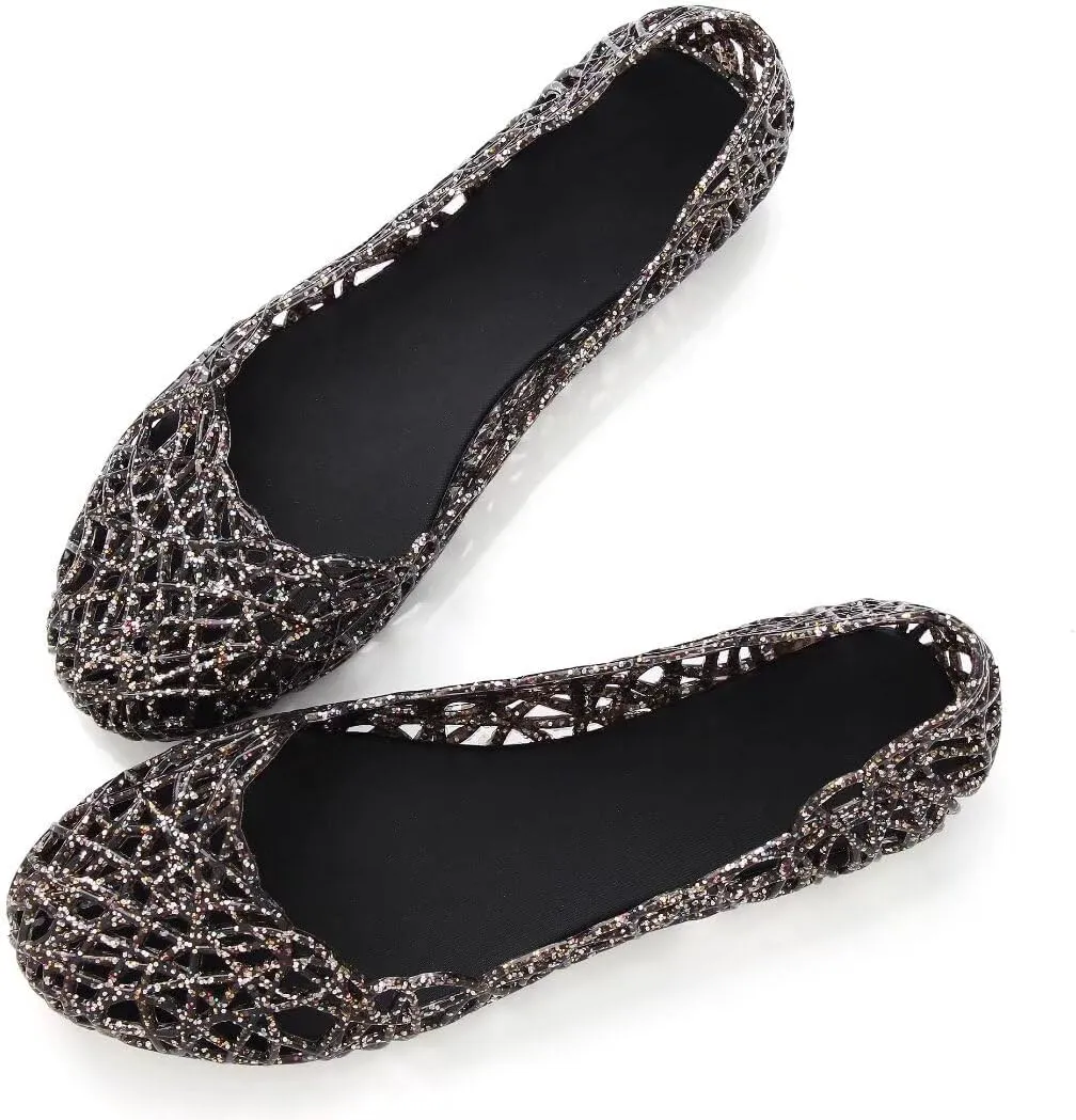 Stunner Women's Beach Jelly Shoes Slip On Crystal Summer Soft Hollow Ballet Flats