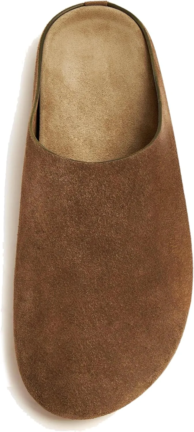 Suede Clogs for Women Soft Cork Footbed Leather Mules Round Toe Casual Slip-on Mule Shoes