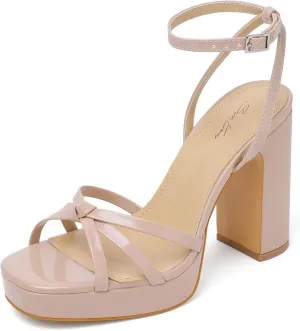 sun gurg Strappy Platform Heels for Women Square Open Toe Chunky High Heels Multicolored Ankle Strap Block Heeled Sandals for Prom Wedding Date Night