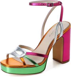 sun gurg Strappy Platform Heels for Women Square Open Toe Chunky High Heels Multicolored Ankle Strap Block Heeled Sandals for Prom Wedding Date Night