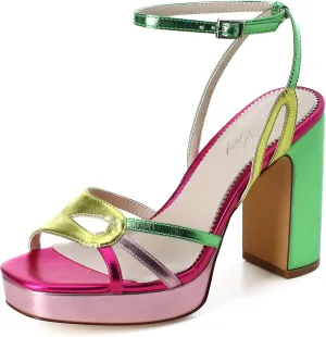 sun gurg Strappy Platform Heels for Women Square Open Toe Chunky High Heels Multicolored Ankle Strap Block Heeled Sandals for Prom Wedding Date Night