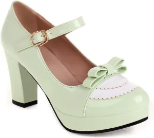 Sungtin Women's Sweet Kawaii Bow Lolita High Heels,Vintage Ankle Buckle Chunky Heels Pumps Mary Jane Platform Shoes