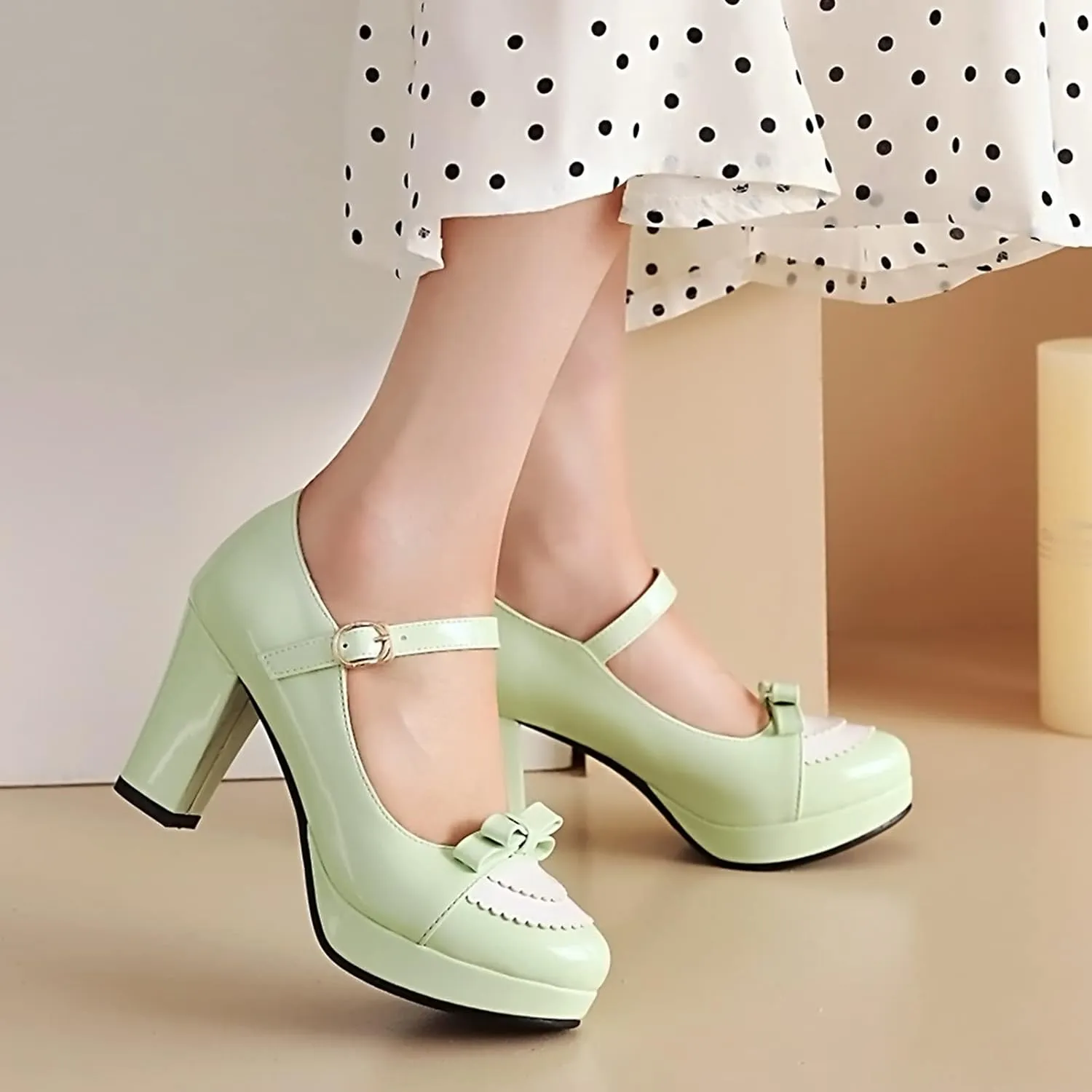 Sungtin Women's Sweet Kawaii Bow Lolita High Heels,Vintage Ankle Buckle Chunky Heels Pumps Mary Jane Platform Shoes