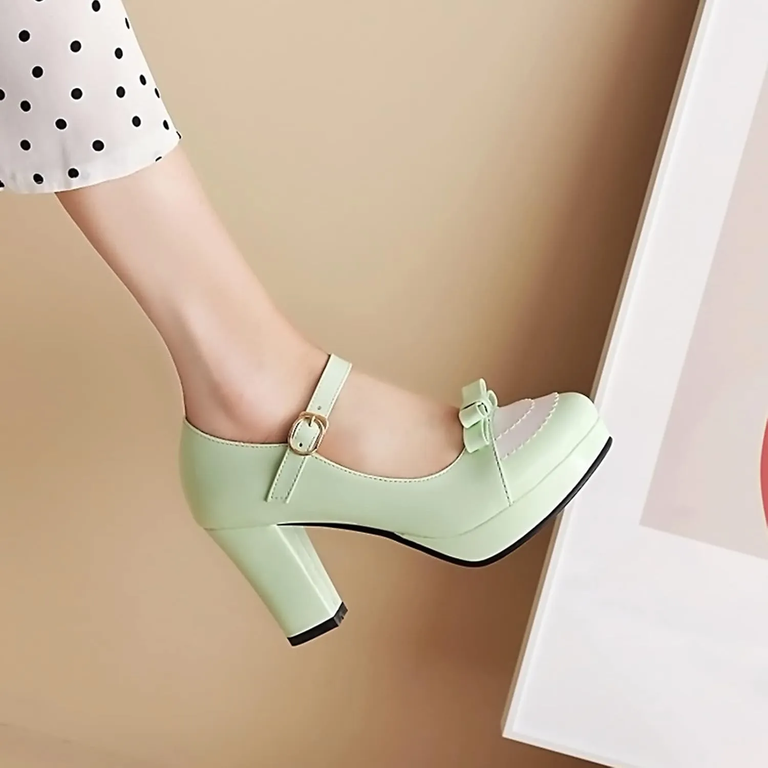 Sungtin Women's Sweet Kawaii Bow Lolita High Heels,Vintage Ankle Buckle Chunky Heels Pumps Mary Jane Platform Shoes