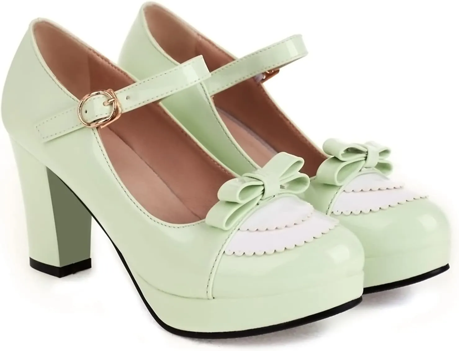 Sungtin Women's Sweet Kawaii Bow Lolita High Heels,Vintage Ankle Buckle Chunky Heels Pumps Mary Jane Platform Shoes