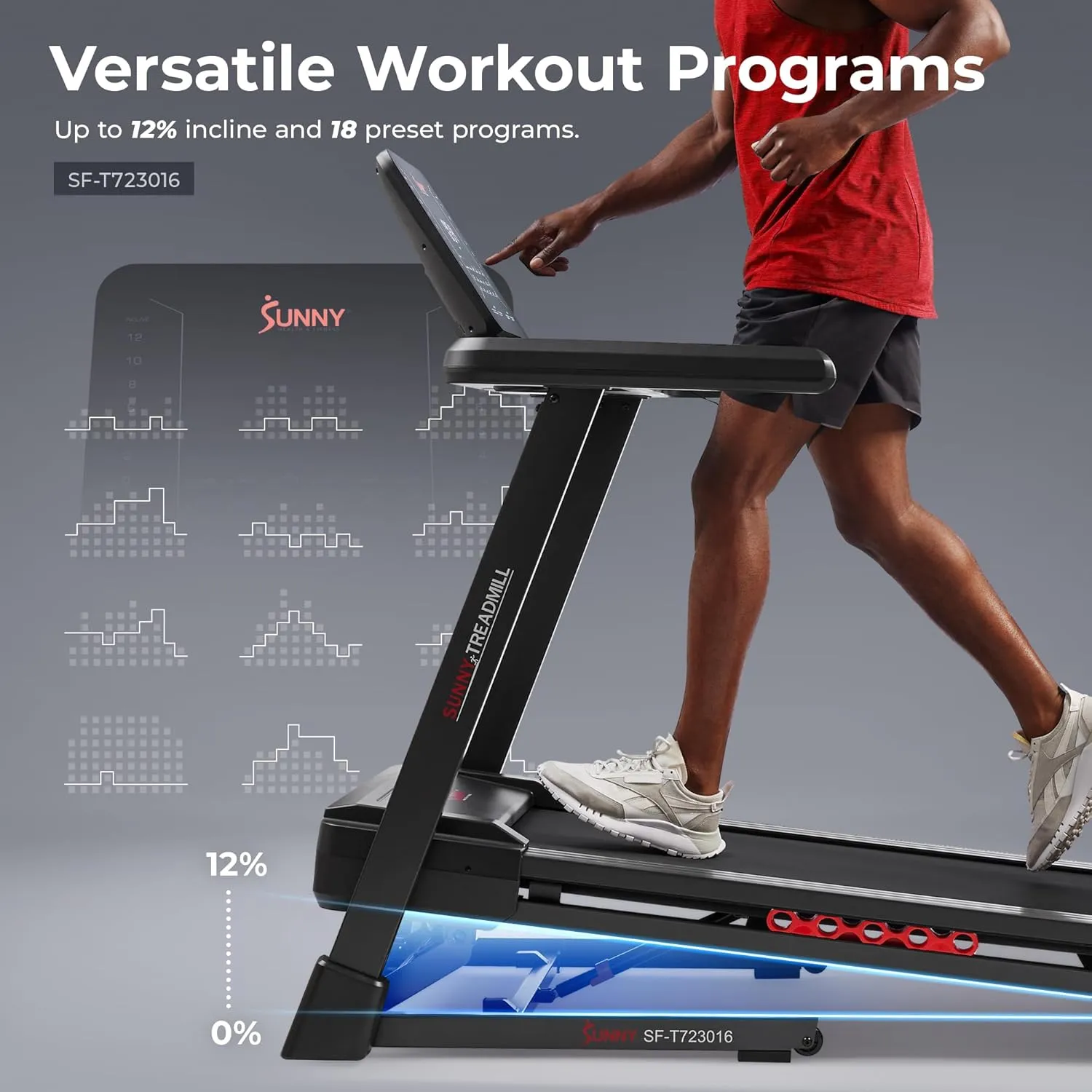 Sunny Health & Fitness Smart Heavy-Duty Treadmill for Home – 20” Wide Walking & Running Deck, Auto Incline, 300 LB Capacity, Foldable, Bluetooth with Free SunnyFit App, Optional Wi-Fi & Decline