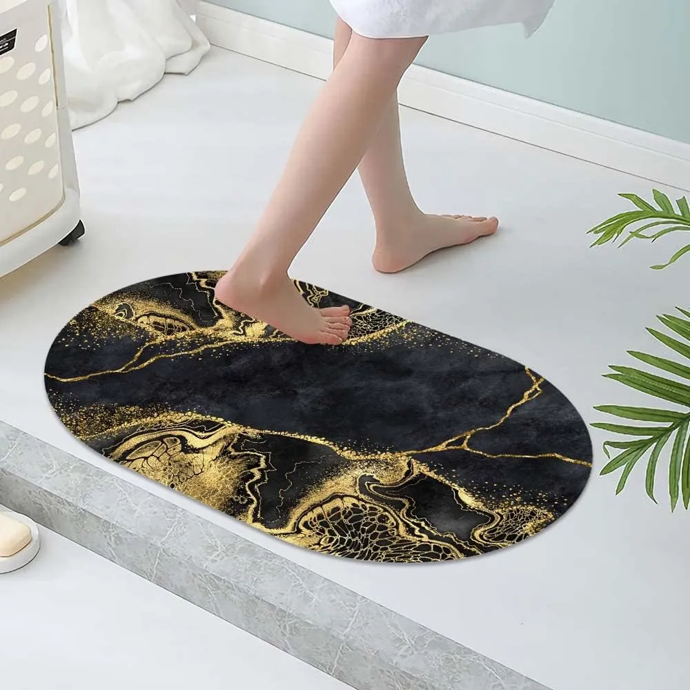 Super Absorbent Diatomaceous Earth Stone Bath Mat,Black marbling with Golden Veins Quick-Drying Bathroom Carpets,Non Slip Bathtub Floor Mat，Easy to Clean, Simple Kitchen Doormat(Oval 50×80cm)