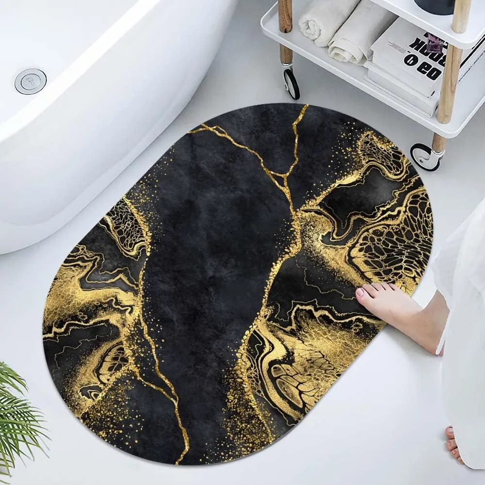 Super Absorbent Diatomaceous Earth Stone Bath Mat,Black marbling with Golden Veins Quick-Drying Bathroom Carpets,Non Slip Bathtub Floor Mat，Easy to Clean, Simple Kitchen Doormat(Oval 50×80cm)