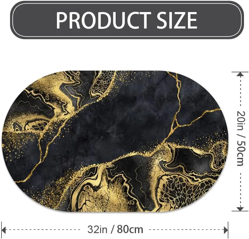Super Absorbent Diatomaceous Earth Stone Bath Mat,Black marbling with Golden Veins Quick-Drying Bathroom Carpets,Non Slip Bathtub Floor Mat，Easy to Clean, Simple Kitchen Doormat(Oval 50×80cm)