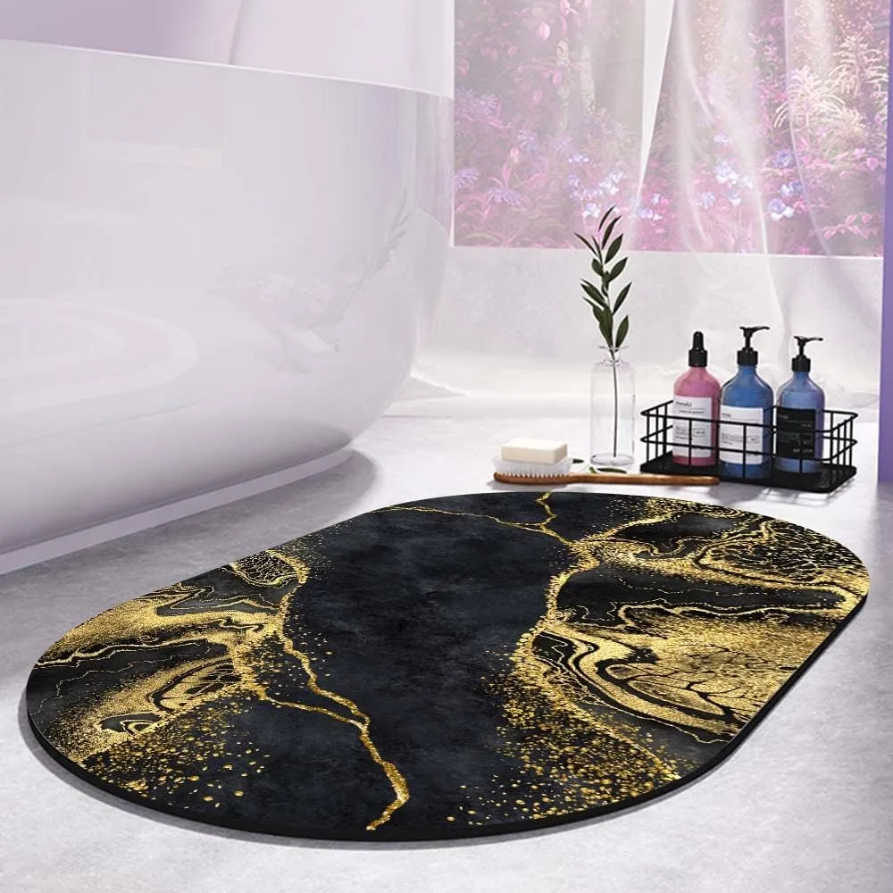 Super Absorbent Diatomaceous Earth Stone Bath Mat,Black marbling with Golden Veins Quick-Drying Bathroom Carpets,Non Slip Bathtub Floor Mat，Easy to Clean, Simple Kitchen Doormat(Oval 50×80cm)
