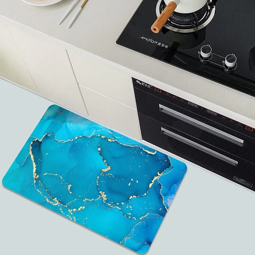 Super Absorbent Diatomaceous Earth Stone Bath Mat,Blue Green Gold Thread Marble Quick-Drying Bathroom Carpets,Non Slip Bathtub Floor Mat，Easy to Clean, Simple Kitchen Doormat(Square 43×70cm)