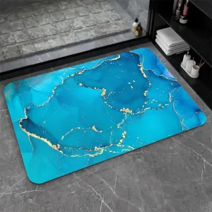Super Absorbent Diatomaceous Earth Stone Bath Mat,Blue Green Gold Thread Marble Quick-Drying Bathroom Carpets,Non Slip Bathtub Floor Mat，Easy to Clean, Simple Kitchen Doormat(Square 43×70cm)