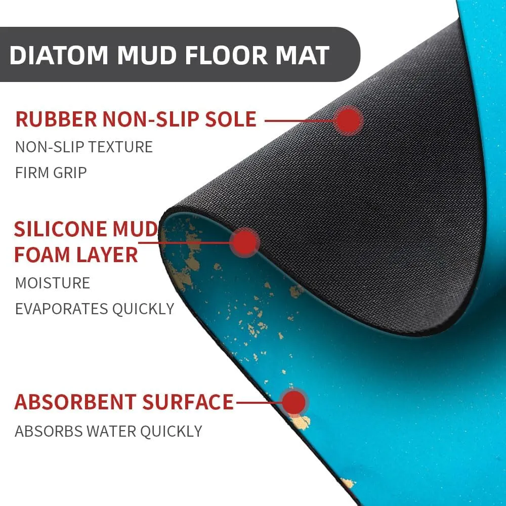 Super Absorbent Diatomaceous Earth Stone Bath Mat,Blue Green Gold Thread Marble Quick-Drying Bathroom Carpets,Non Slip Bathtub Floor Mat，Easy to Clean, Simple Kitchen Doormat(Square 43×70cm)