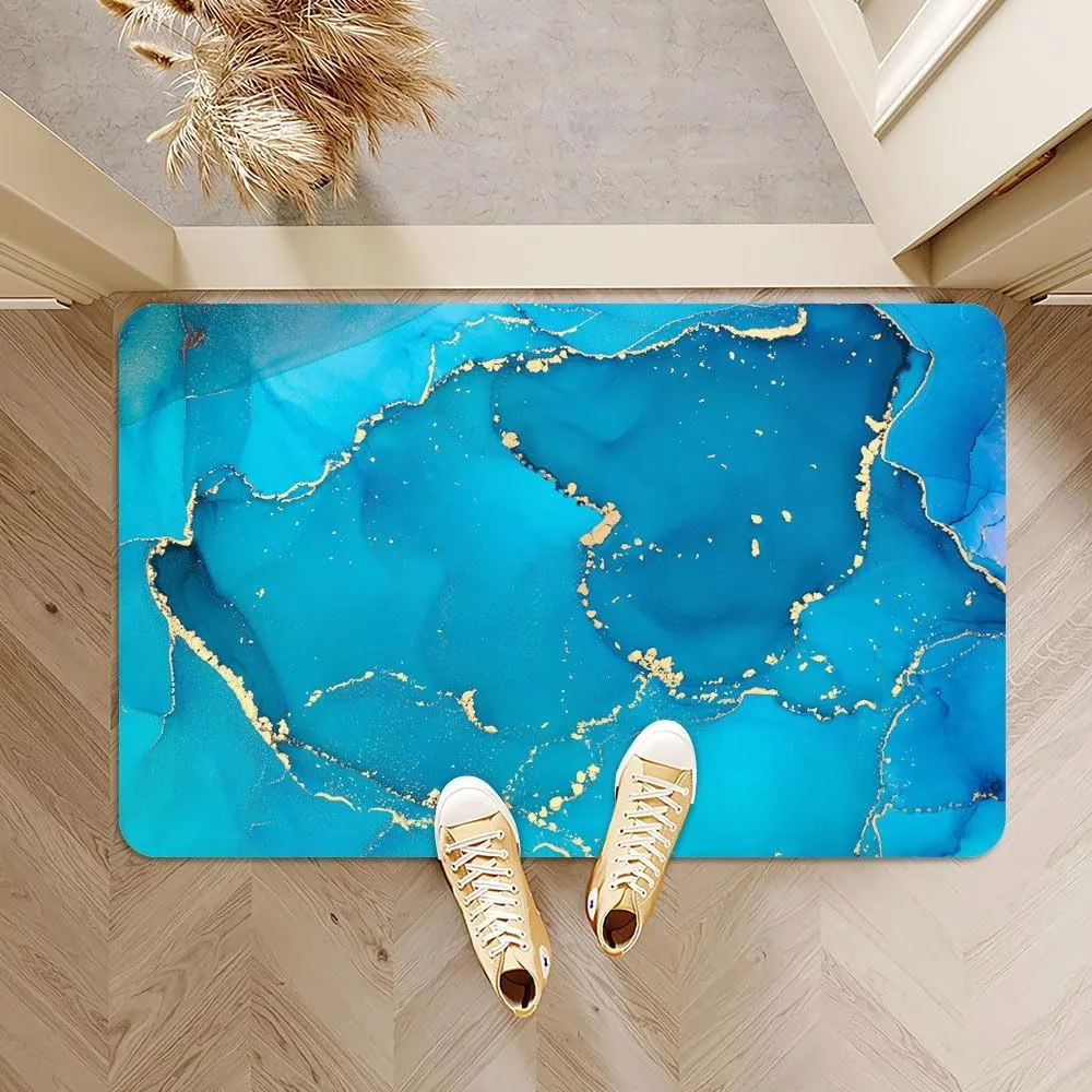 Super Absorbent Diatomaceous Earth Stone Bath Mat,Blue Green Gold Thread Marble Quick-Drying Bathroom Carpets,Non Slip Bathtub Floor Mat，Easy to Clean, Simple Kitchen Doormat(Square 43×70cm)