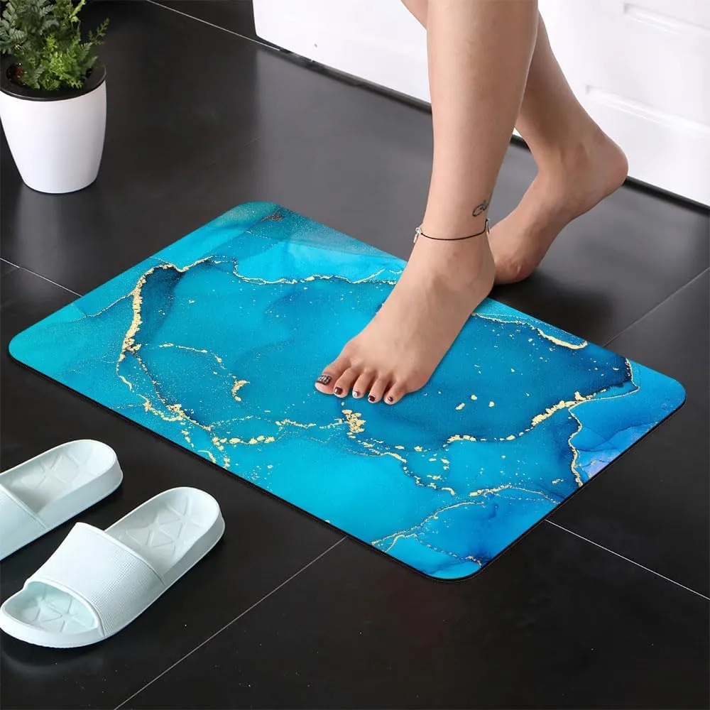 Super Absorbent Diatomaceous Earth Stone Bath Mat,Blue Green Gold Thread Marble Quick-Drying Bathroom Carpets,Non Slip Bathtub Floor Mat，Easy to Clean, Simple Kitchen Doormat(Square 43×70cm)