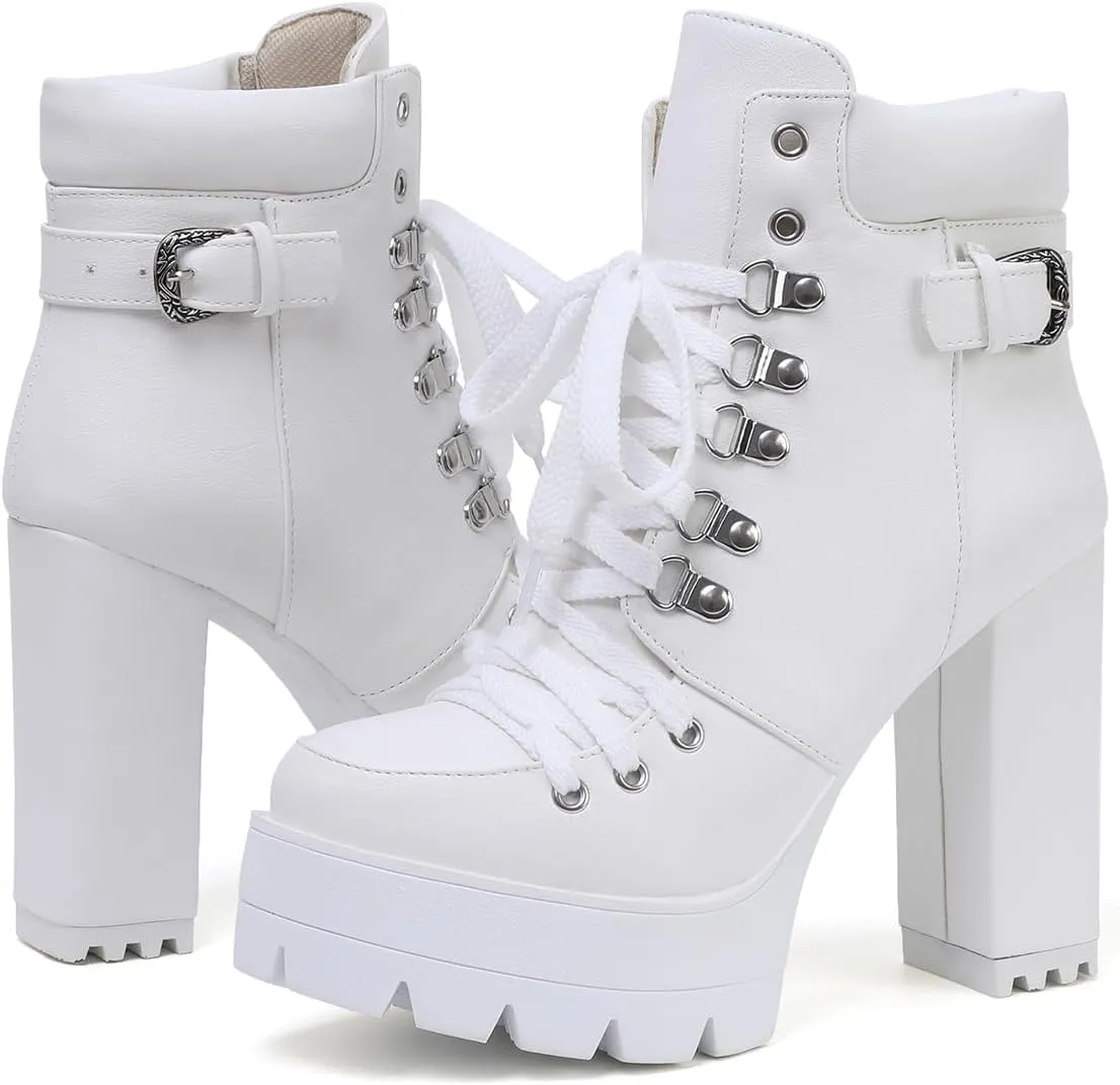 Susanny Sexy High Heels for Women Boots Round Toe Platform Booties Lace Up Suede Side Zipper Ankle Bootie