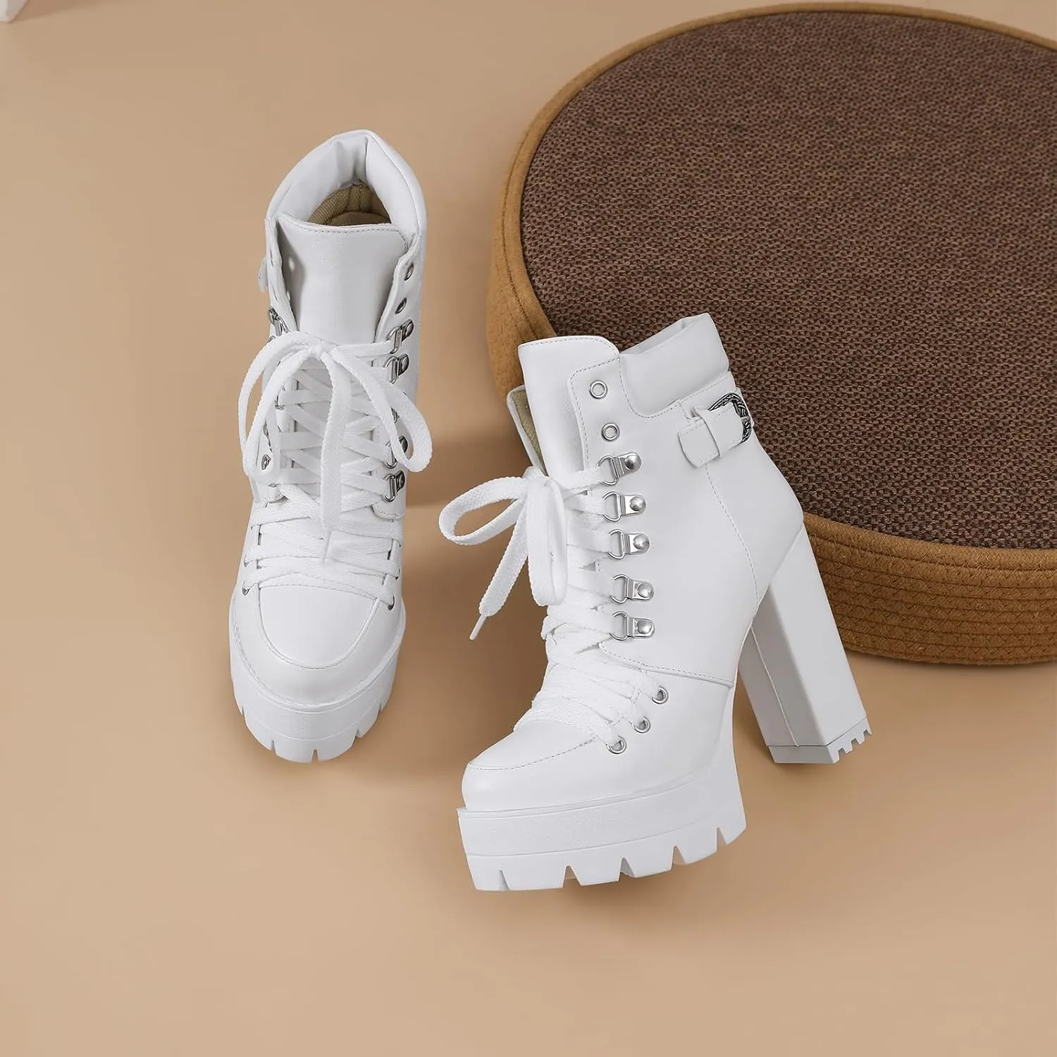 Susanny Sexy High Heels for Women Boots Round Toe Platform Booties Lace Up Suede Side Zipper Ankle Bootie