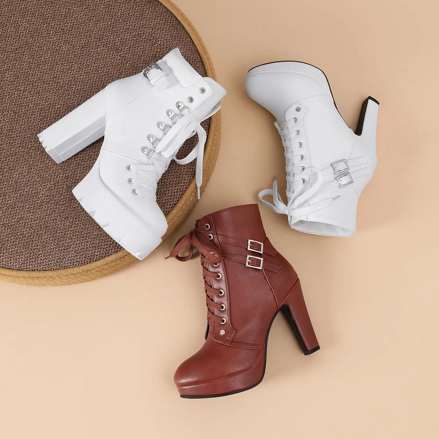 Susanny Sexy High Heels for Women Boots Round Toe Platform Booties Lace Up Suede Side Zipper Ankle Bootie