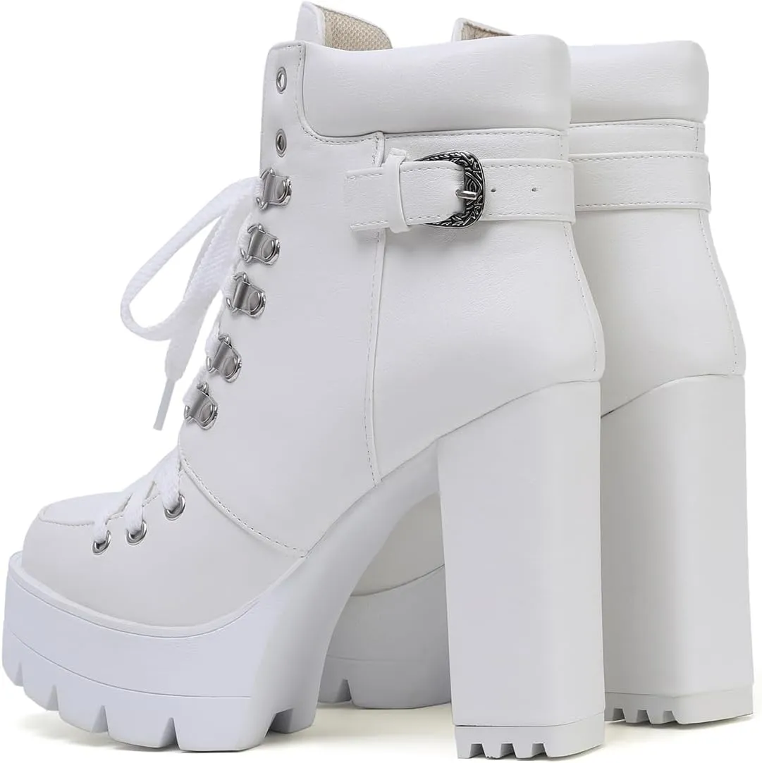 Susanny Sexy High Heels for Women Boots Round Toe Platform Booties Lace Up Suede Side Zipper Ankle Bootie