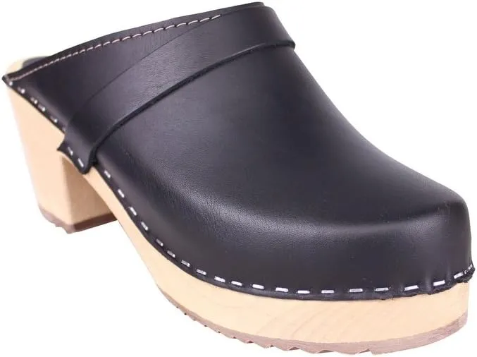 Swedish High Heel Classic Clogs - Black Leather Clogs for Women I Supportive Wooden Clog with 2 3/4 inch Heel & 3/4 inch Platform