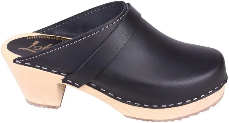 Swedish High Heel Classic Clogs - Black Leather Clogs for Women I Supportive Wooden Clog with 2 3/4 inch Heel & 3/4 inch Platform