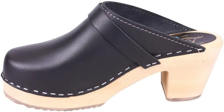 Swedish High Heel Classic Clogs - Black Leather Clogs for Women I Supportive Wooden Clog with 2 3/4 inch Heel & 3/4 inch Platform