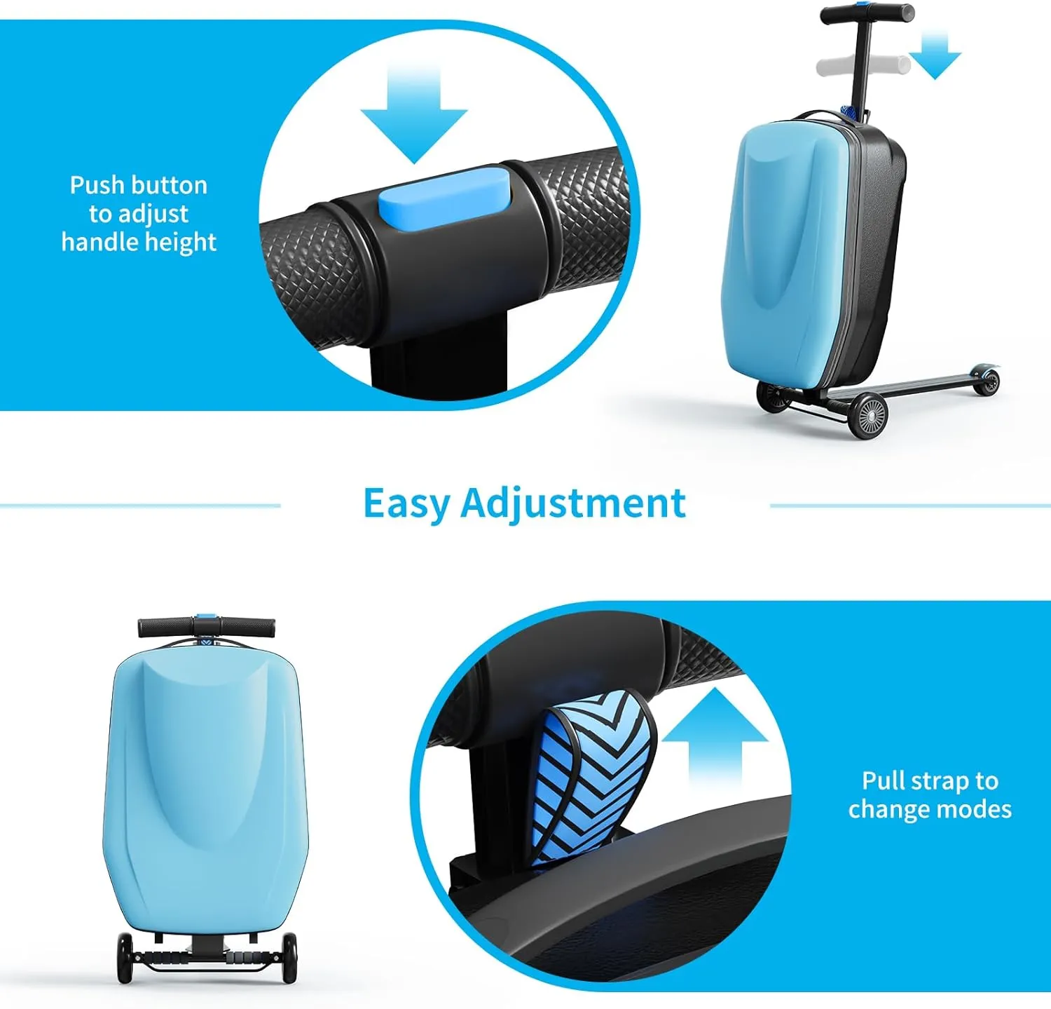 TABU 21" 3-D Hardshell Scooter Suitcase for Kid & Adult, Foldable Carry-on Scooter Luggage for Age 4-15, Multifunctional Ride On Lightweight Luggage with Telescopic Handle, Light Blue