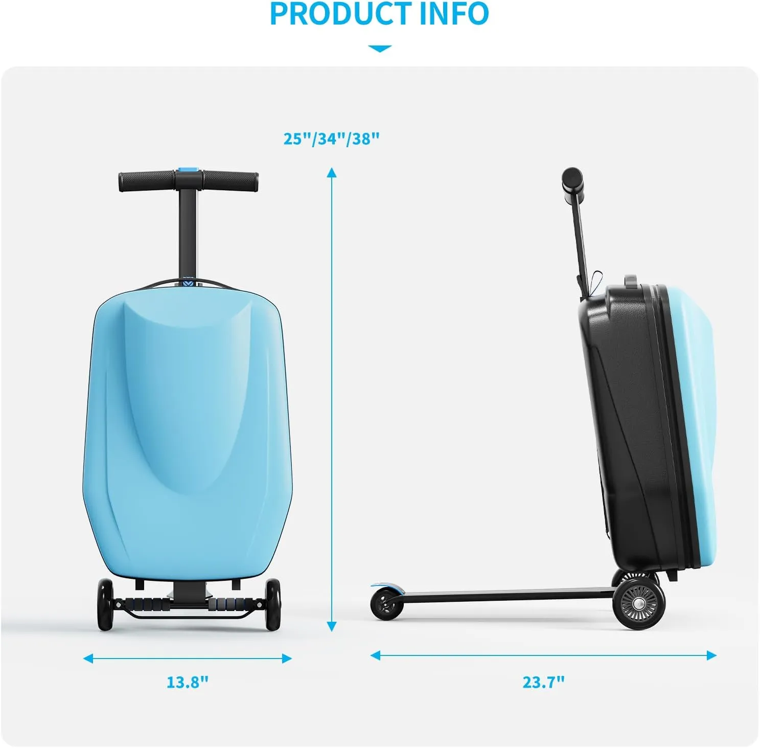 TABU 21" 3-D Hardshell Scooter Suitcase for Kid & Adult, Foldable Carry-on Scooter Luggage for Age 4-15, Multifunctional Ride On Lightweight Luggage with Telescopic Handle, Light Blue
