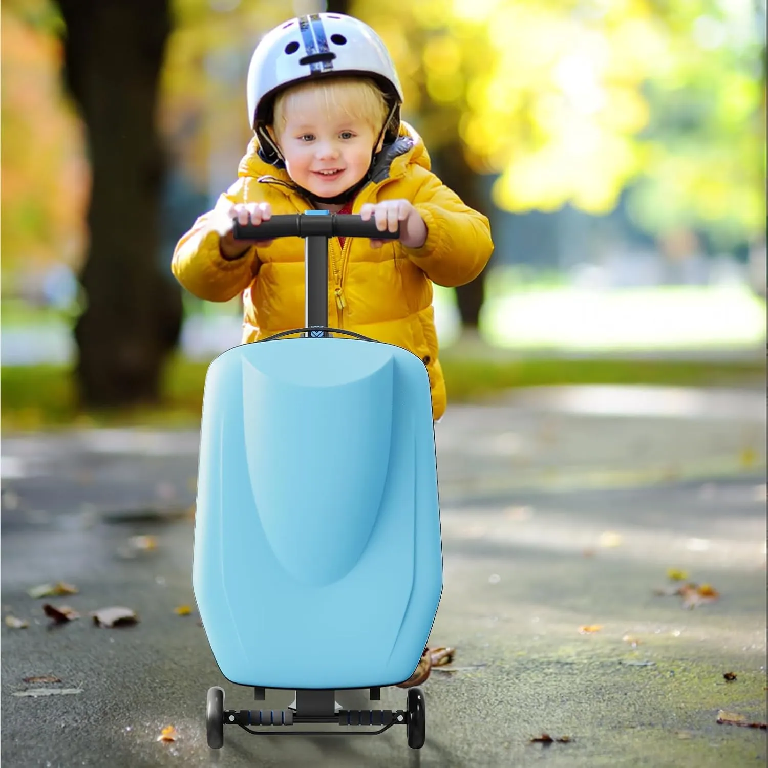 TABU 21" 3-D Hardshell Scooter Suitcase for Kid & Adult, Foldable Carry-on Scooter Luggage for Age 4-15, Multifunctional Ride On Lightweight Luggage with Telescopic Handle, Light Blue