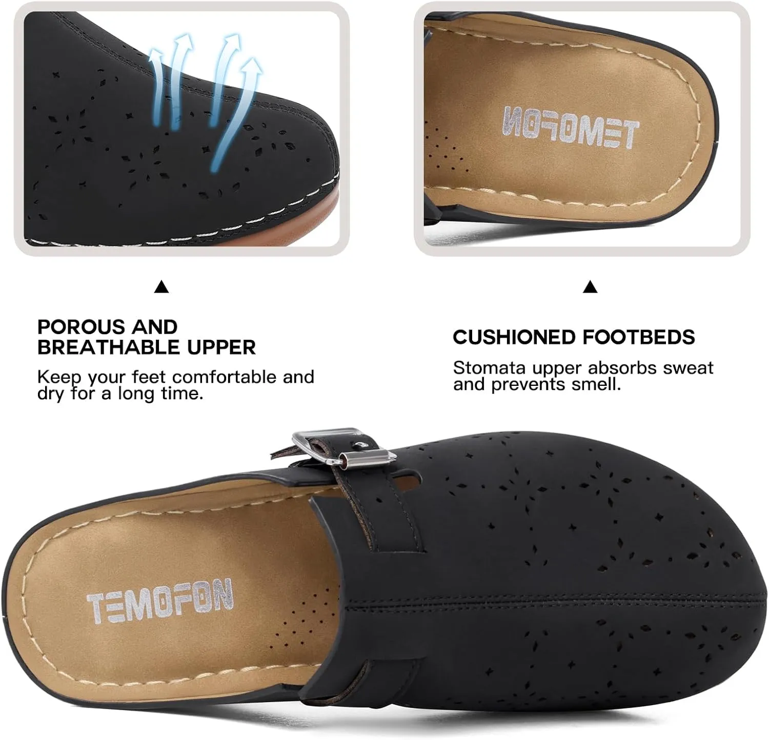 TEMOFON Clogs for Women Mules Shoes: Comfortable Arch Support Closed Toe Sandals Backless Low Wedge Slip on Shoes